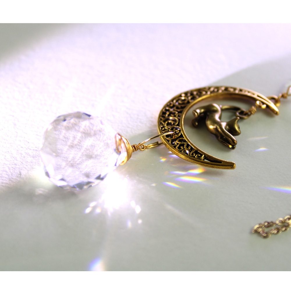 高品質クリスタル☆猫と三日月のサンキャッチャーver.1(アンティークゴールド全3色)