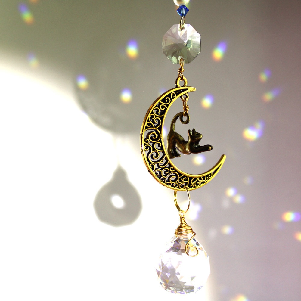 高品質クリスタル☆猫と三日月のサンキャッチャーver.1(アンティークゴールド全3色)