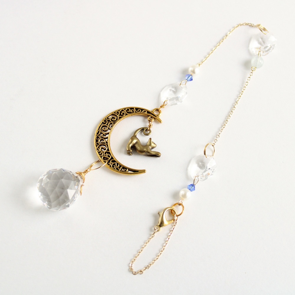 高品質クリスタル☆猫と三日月のサンキャッチャーver.1(アンティークゴールド全3色)