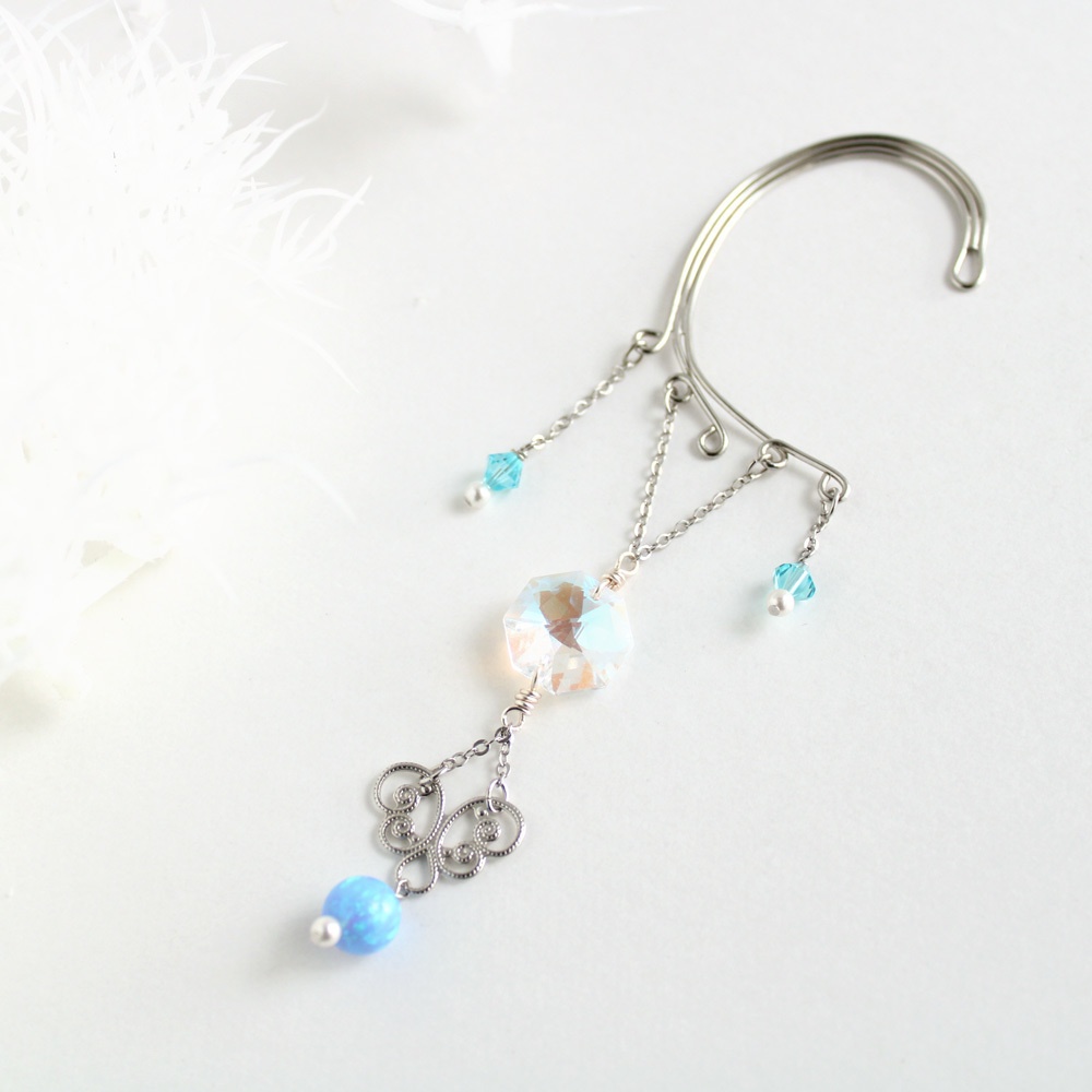 京都オパールとスワロフスキー・クリスタルのシンプルイヤーフック