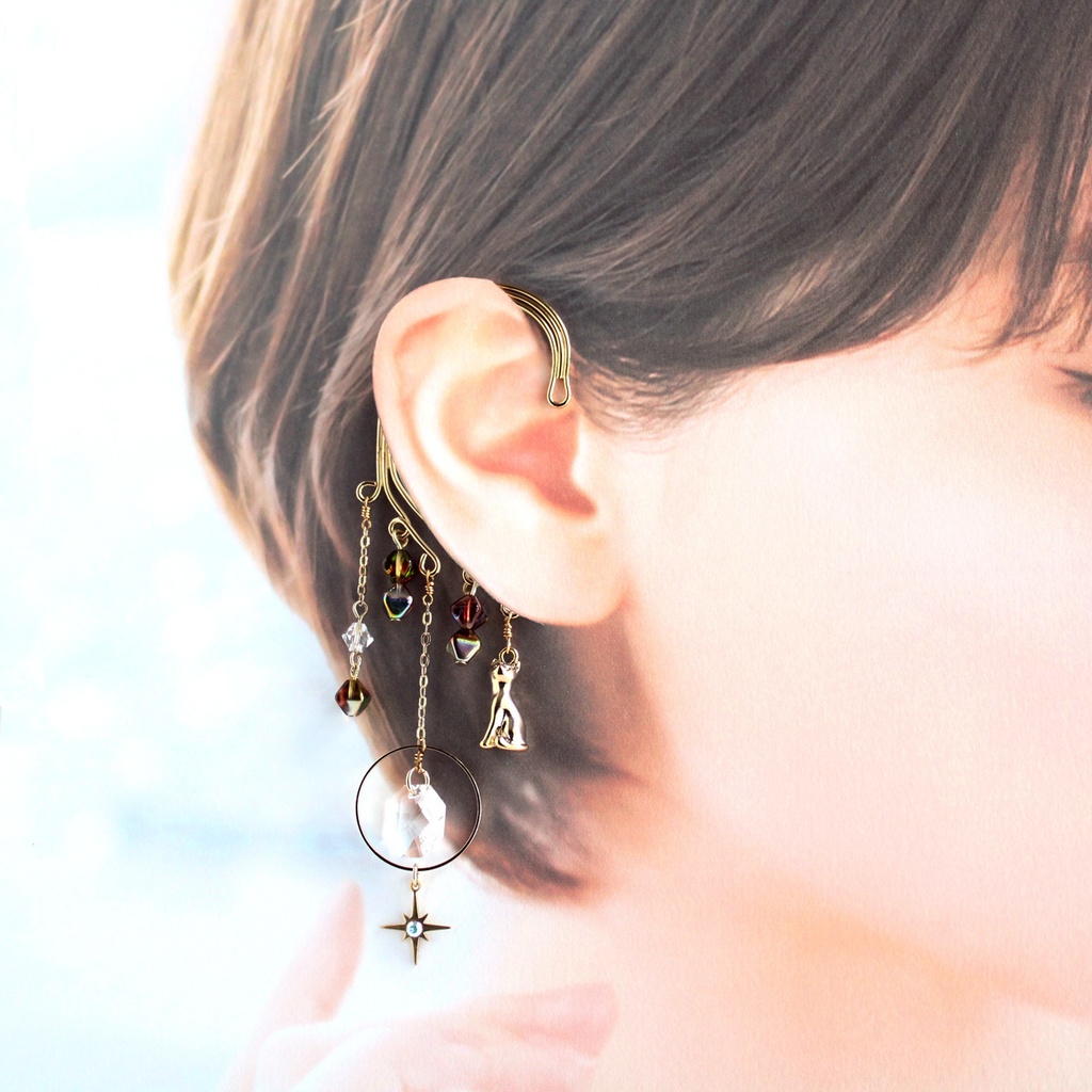 数量限定☆猫と星のイヤーフック(全3色)☆高級クリスタル使用