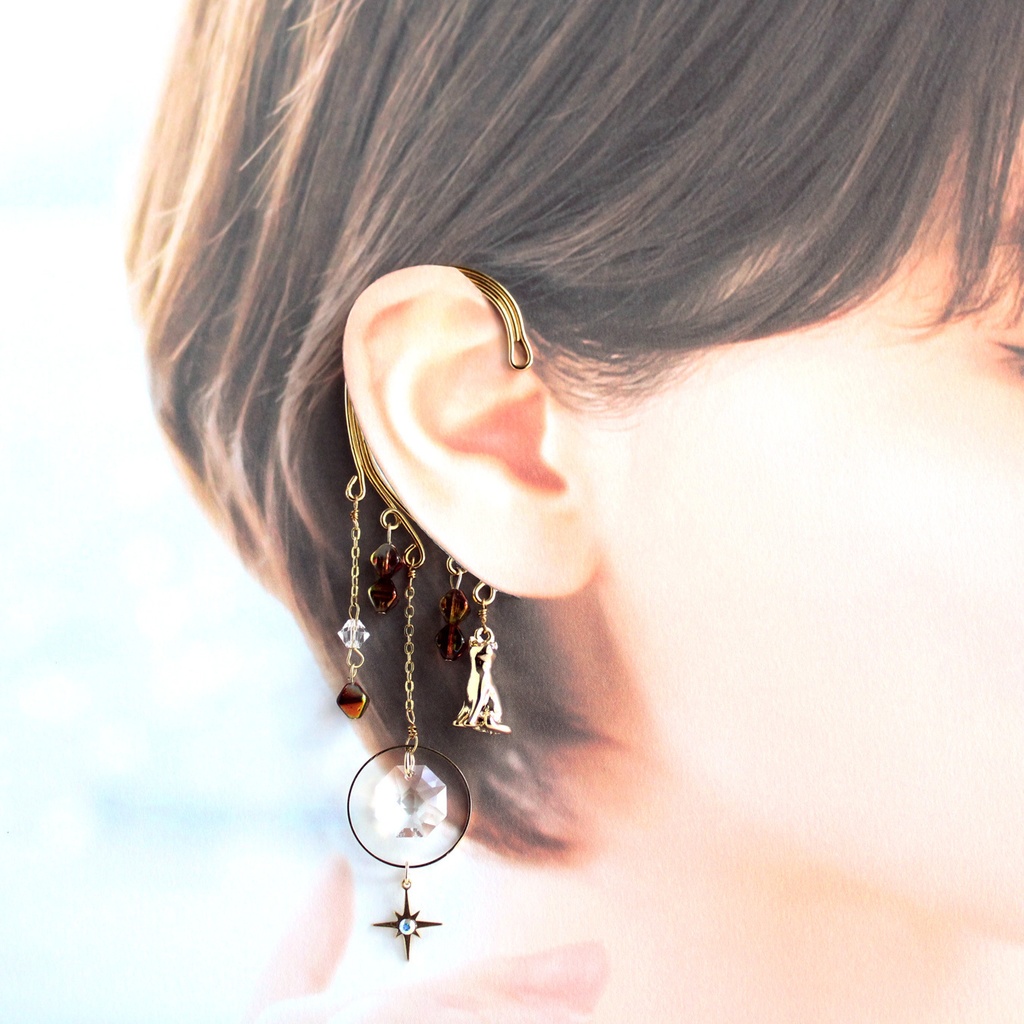 数量限定☆猫と星のイヤーフック(全3色)☆高級クリスタル使用