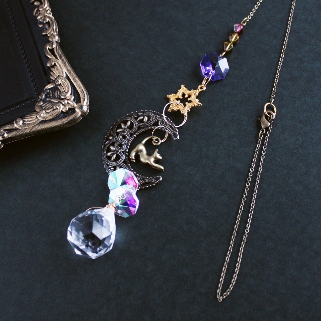 猫と三日月のサンキャッチャーVer.2(全5色)☆高品質クリスタル使用