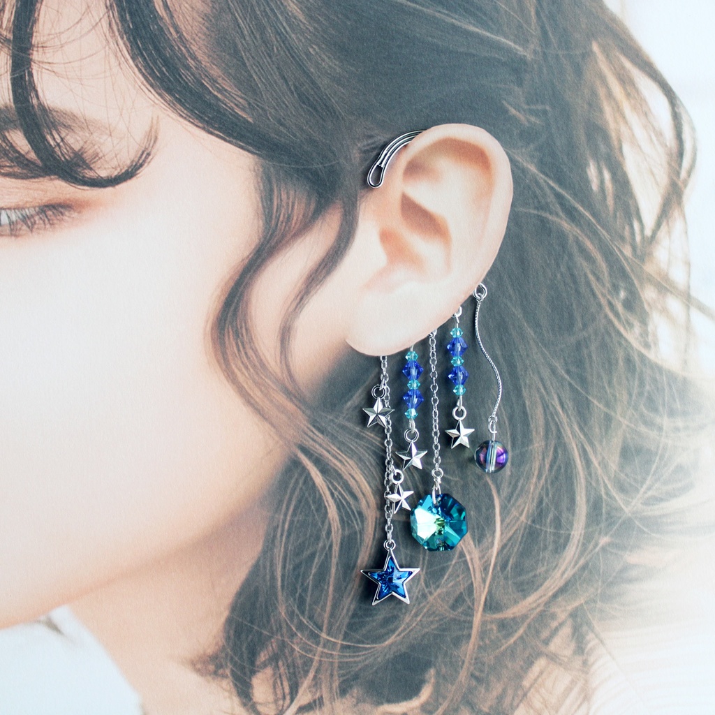 痛くない、落ちない♪アクアオーラと星のイヤーフック☆金or銀(高級クリスタル使用)