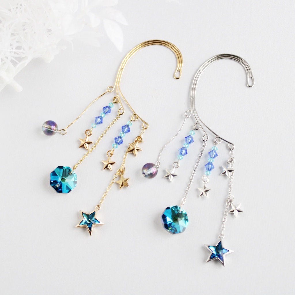 痛くない、落ちない♪アクアオーラと星のイヤーフック☆金or銀(高級クリスタル使用)