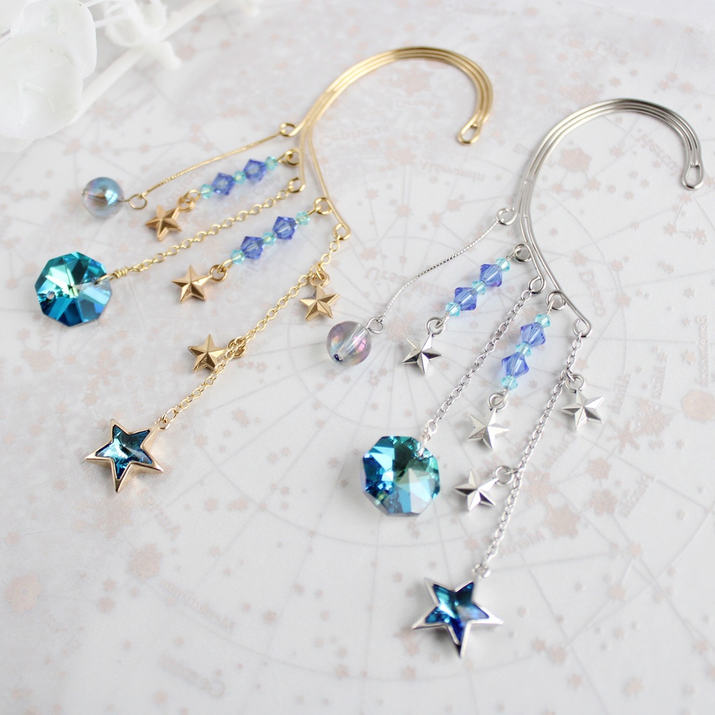 痛くない、落ちない♪アクアオーラと星のイヤーフック☆金or銀(高級クリスタル使用)
