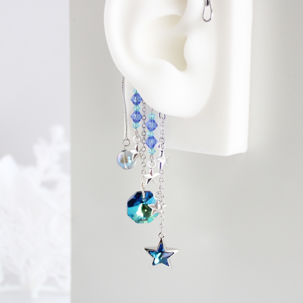 痛くない、落ちない♪アクアオーラと星のイヤーフック☆金or銀(高級クリスタル使用)