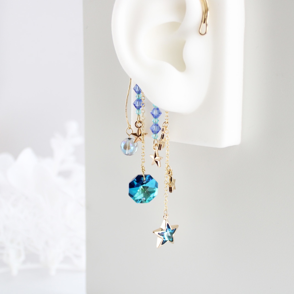 痛くない、落ちない♪アクアオーラと星のイヤーフック☆金or銀(高級クリスタル使用)