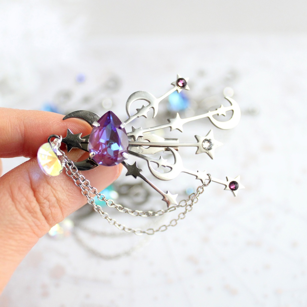 錆びない☆銀流星のブローチ (全5色)【高級クリスタル使用】 帽子や胸元のアクセントに☆