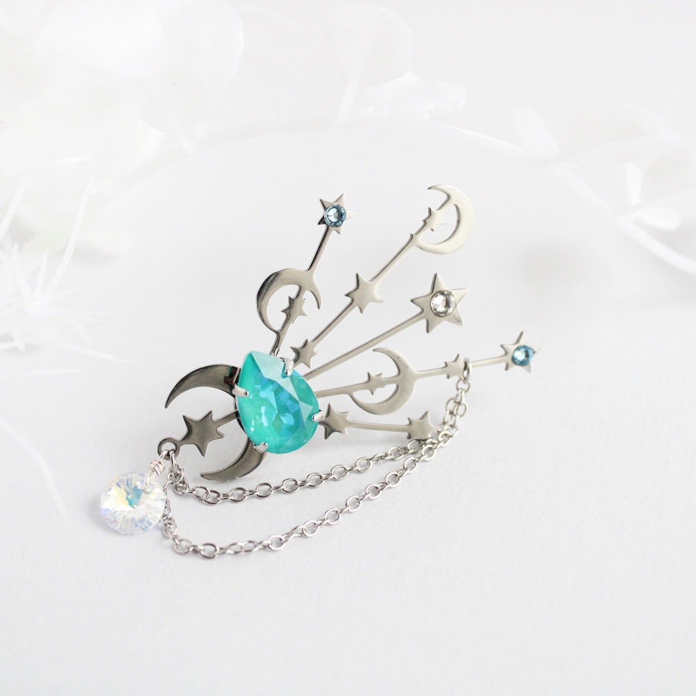 錆びない☆銀流星のブローチ (全5色)【高級クリスタル使用】 帽子や胸元のアクセントに☆