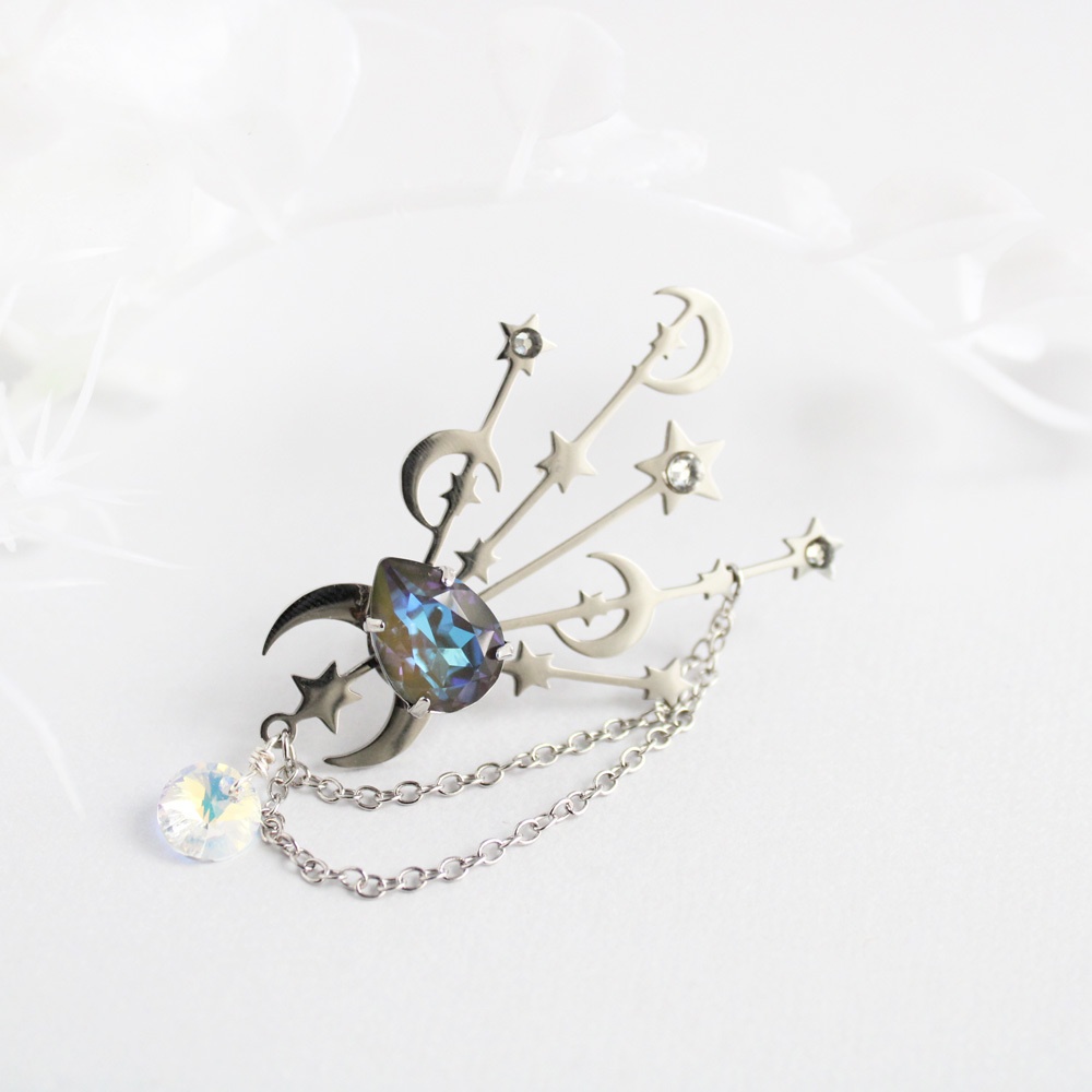 錆びない☆銀流星のブローチ (全5色)【高級クリスタル使用】 帽子や胸元のアクセントに☆