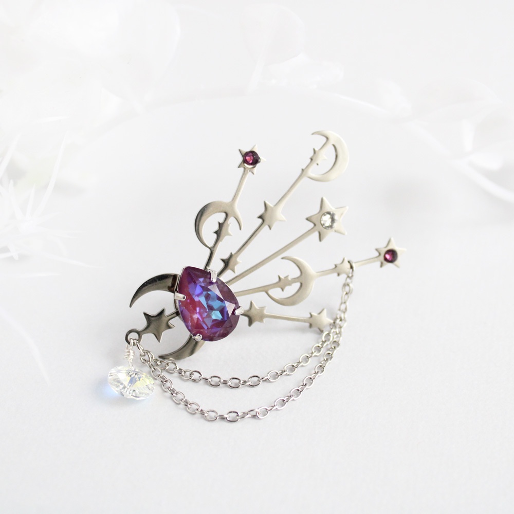 錆びない☆銀流星のブローチ (全5色)【高級クリスタル使用】 帽子や胸元のアクセントに☆