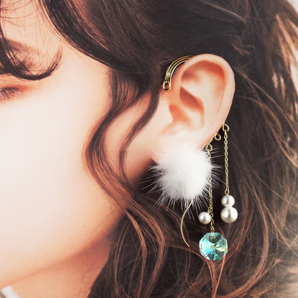 ファーとコットンパール 彩雲のイヤーフック(金・銀)(赤・白)