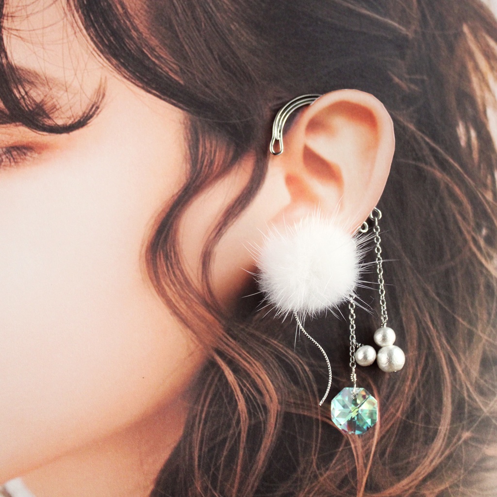 ファーとコットンパール 彩雲のイヤーフック(金・銀)(赤・白)