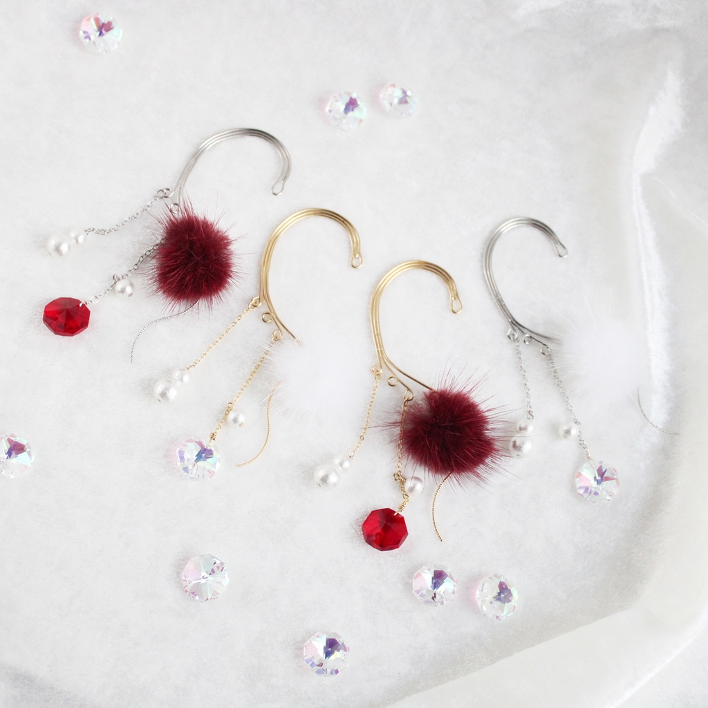 ファーとコットンパール 彩雲のイヤーフック(金・銀)(赤・白)