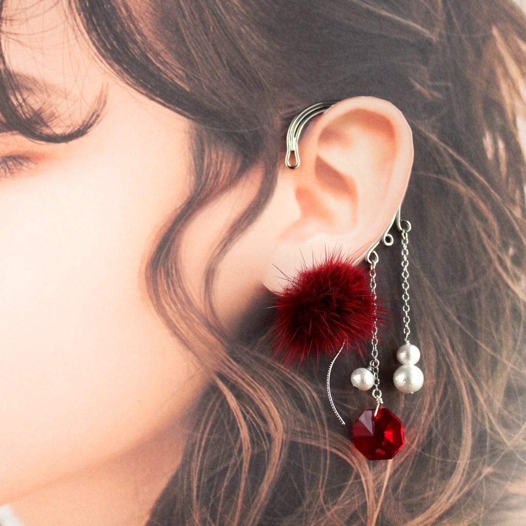 ファーとコットンパール 彩雲のイヤーフック(金・銀)(赤・白)