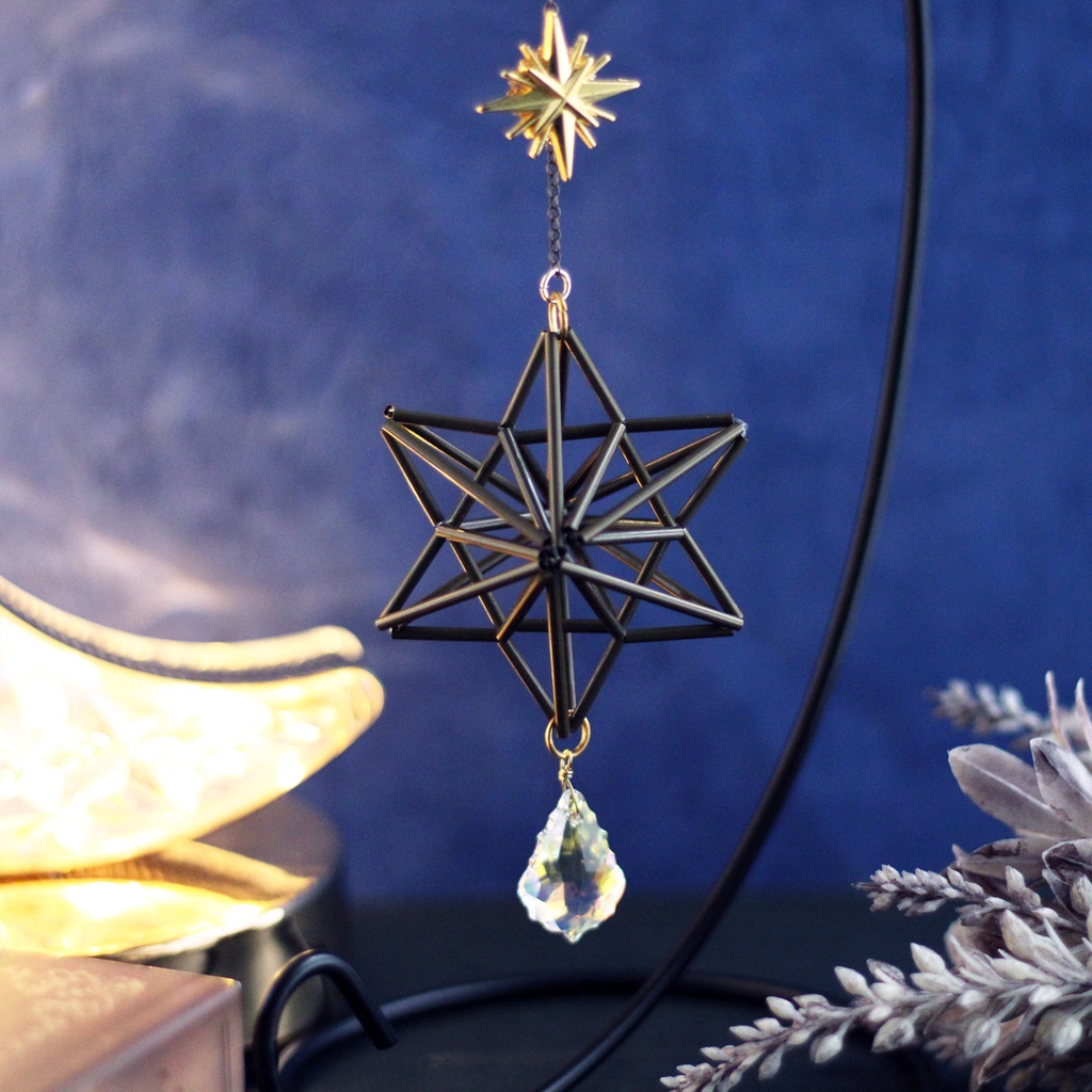 希少★Stella～ 真鍮製六芒星ヒンメリのサンキャッチャー（高級クリスタル使用）