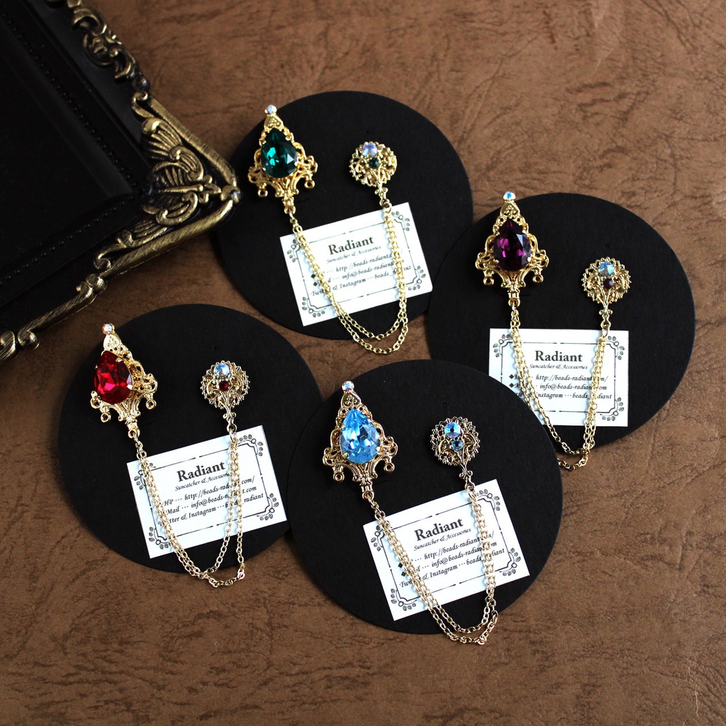 1点もの☆襟や鞄、ネクタイに♪軽量★雫のチェーンブローチ(全4色)【高級クリスタル使用】