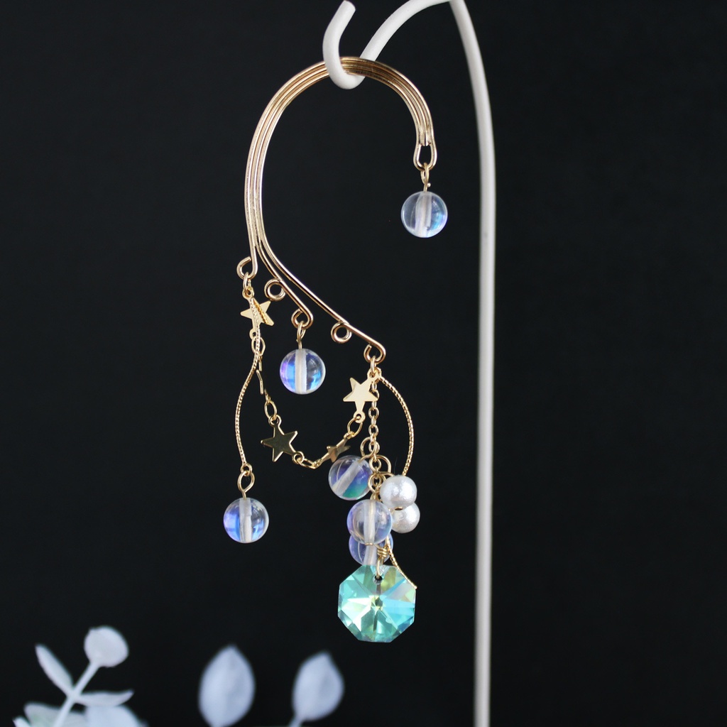 ボリュームたっぷり揺れる大ぶりクリスタル☆星降る雪のイヤーフック:金or銀(高級クリスタル使用)