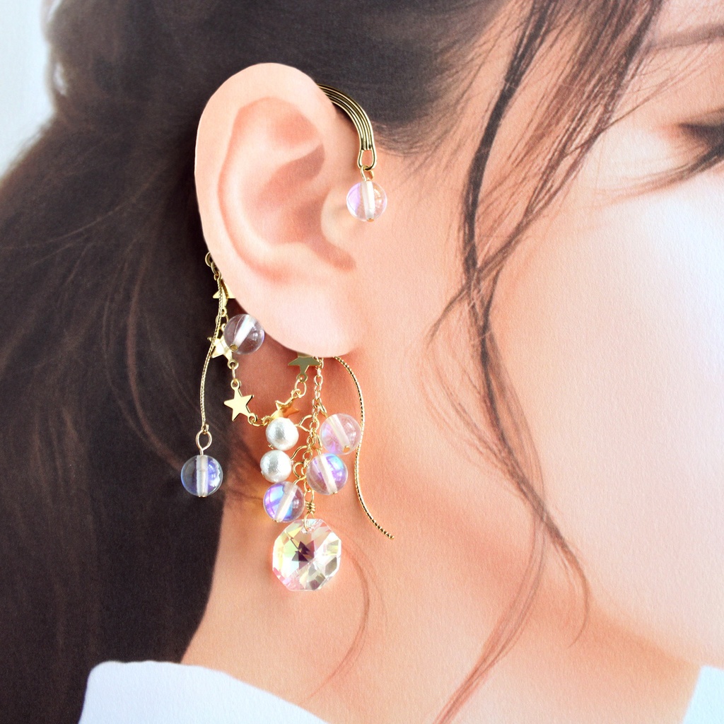 ボリュームたっぷり揺れる大ぶりクリスタル☆星降る雪のイヤーフック:金or銀(高級クリスタル使用)