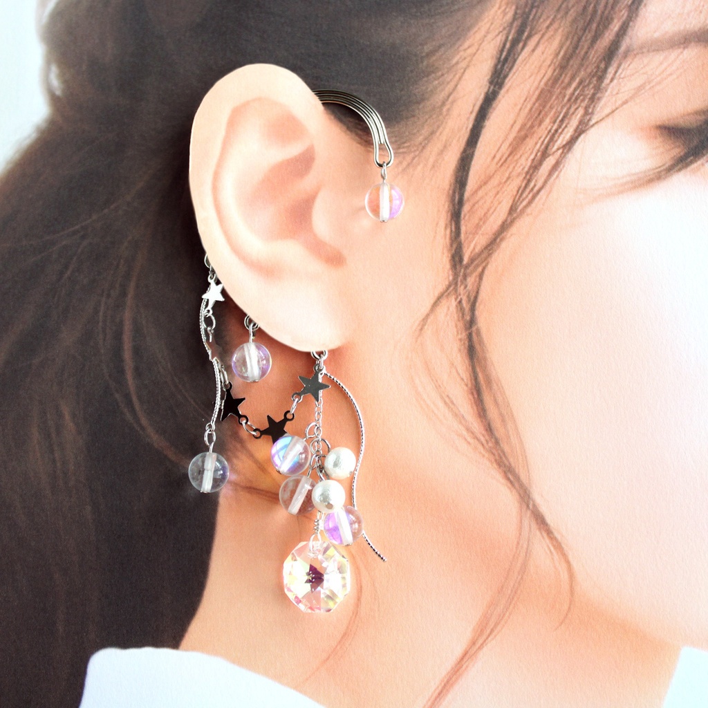 ボリュームたっぷり揺れる大ぶりクリスタル☆星降る雪のイヤーフック:金or銀(高級クリスタル使用)