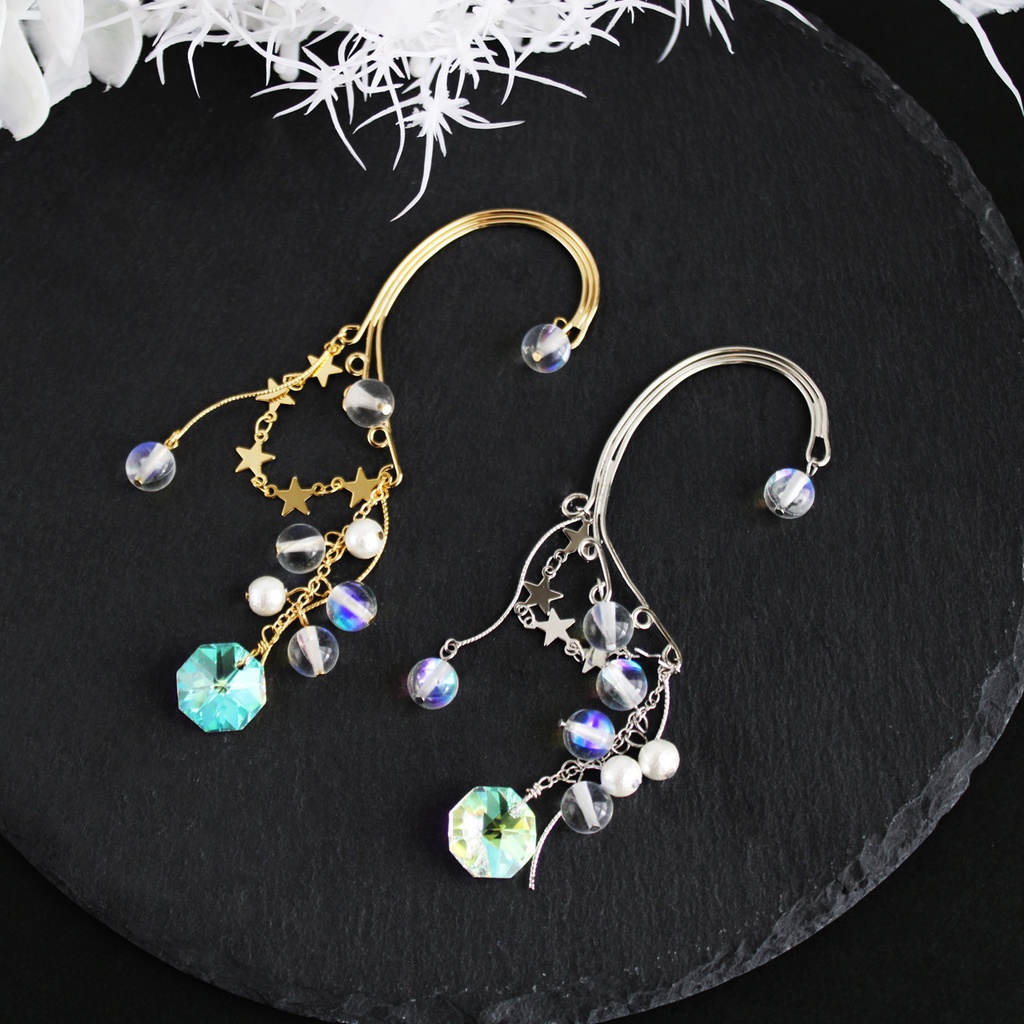 ボリュームたっぷり揺れる大ぶりクリスタル☆星降る雪のイヤーフック:金or銀(高級クリスタル使用)