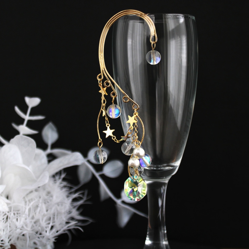 ボリュームたっぷり揺れる大ぶりクリスタル☆星降る雪のイヤーフック:金or銀(高級クリスタル使用)