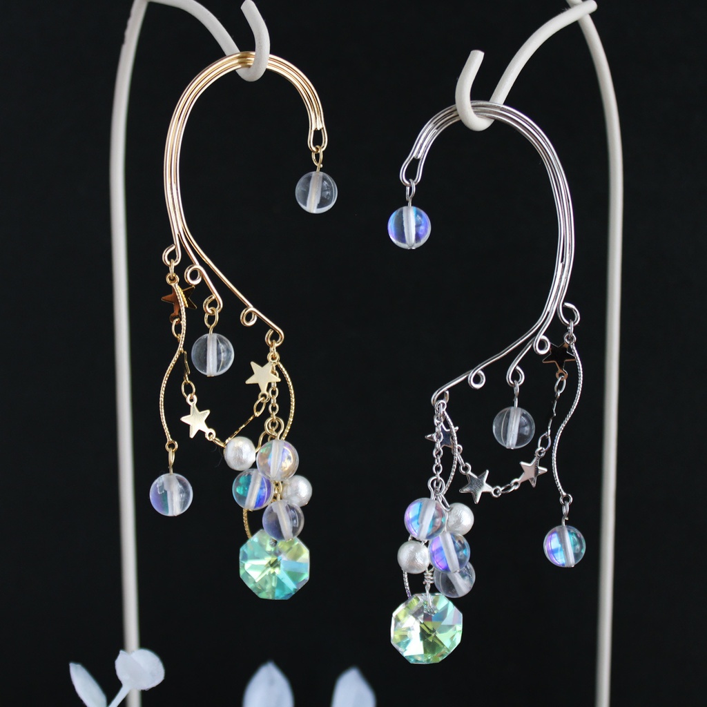 ボリュームたっぷり揺れる大ぶりクリスタル☆星降る雪のイヤーフック:金or銀(高級クリスタル使用)