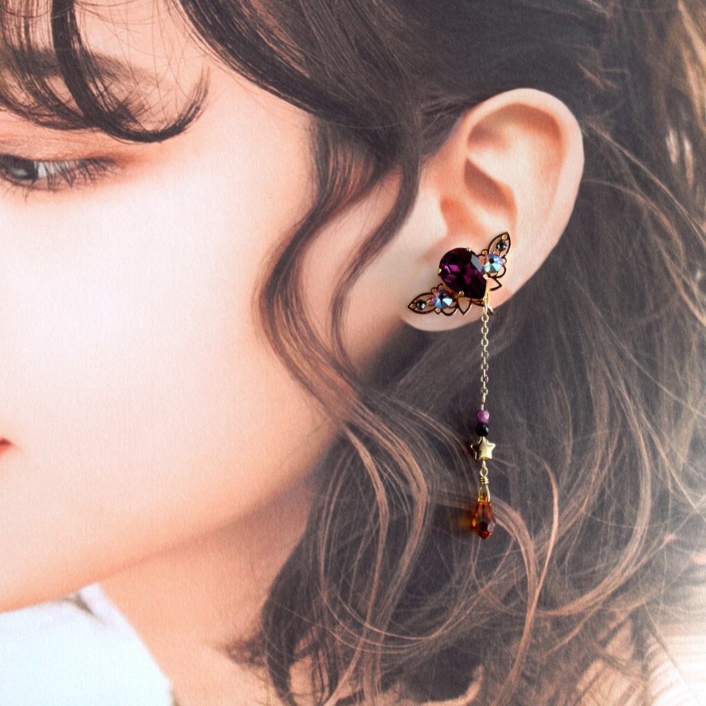 1点もの★さりげなくハロウィン♪星とアメジスの雫イヤーカフ ✴︎高品質クリスタル✴︎アレルギー対応&痛くないクリップ