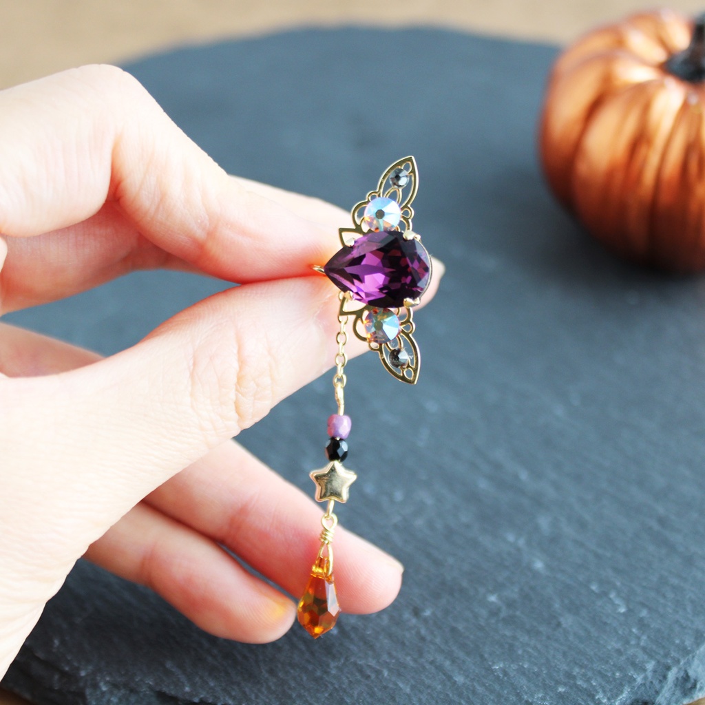 1点もの★さりげなくハロウィン♪星とアメジスの雫イヤーカフ ✴︎高品質クリスタル✴︎アレルギー対応&痛くないクリップ