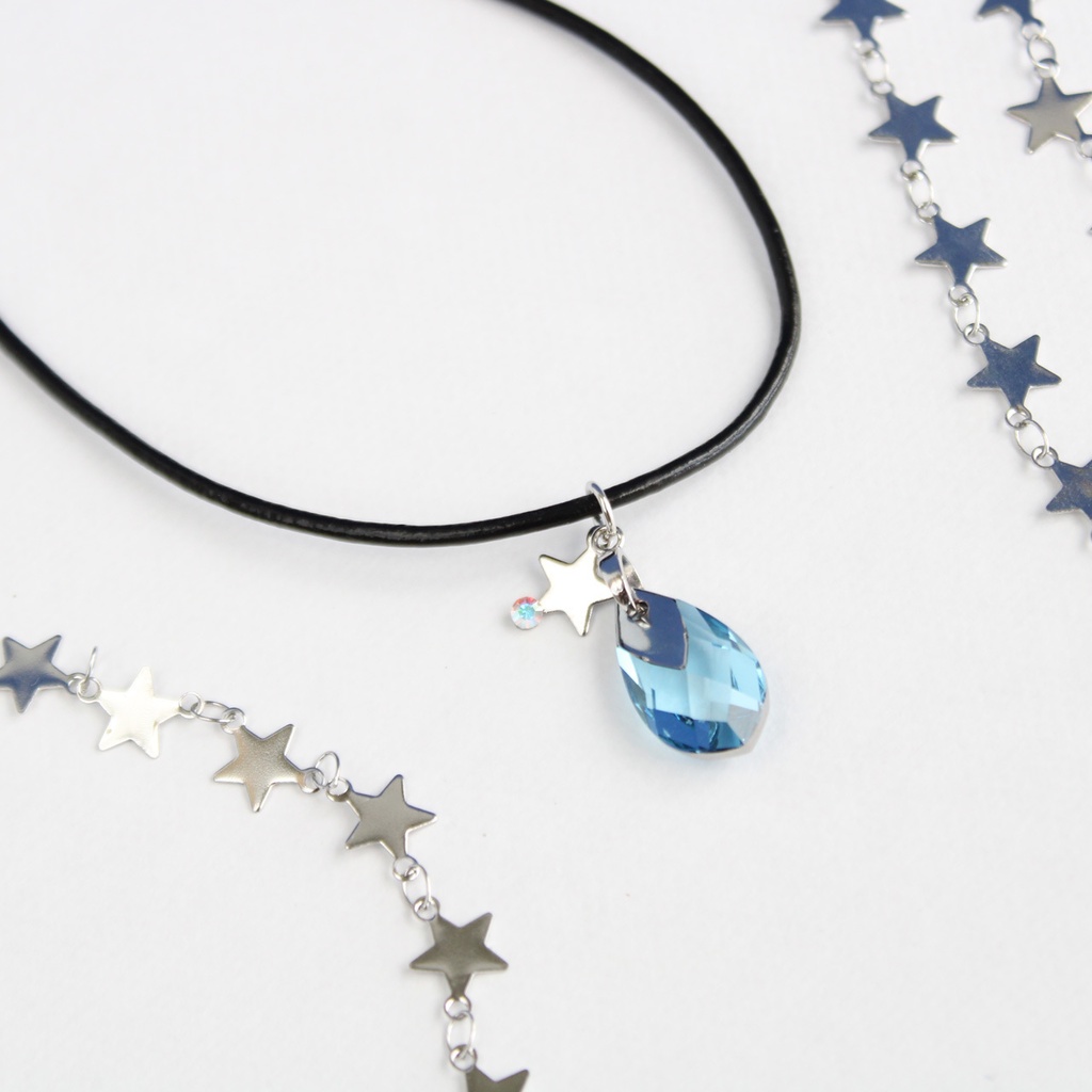 希少クリスタル☆限定2点☆星のしずくシルバーネックレス(アクアマリン)アレルギー対応 革ひも Swarovski