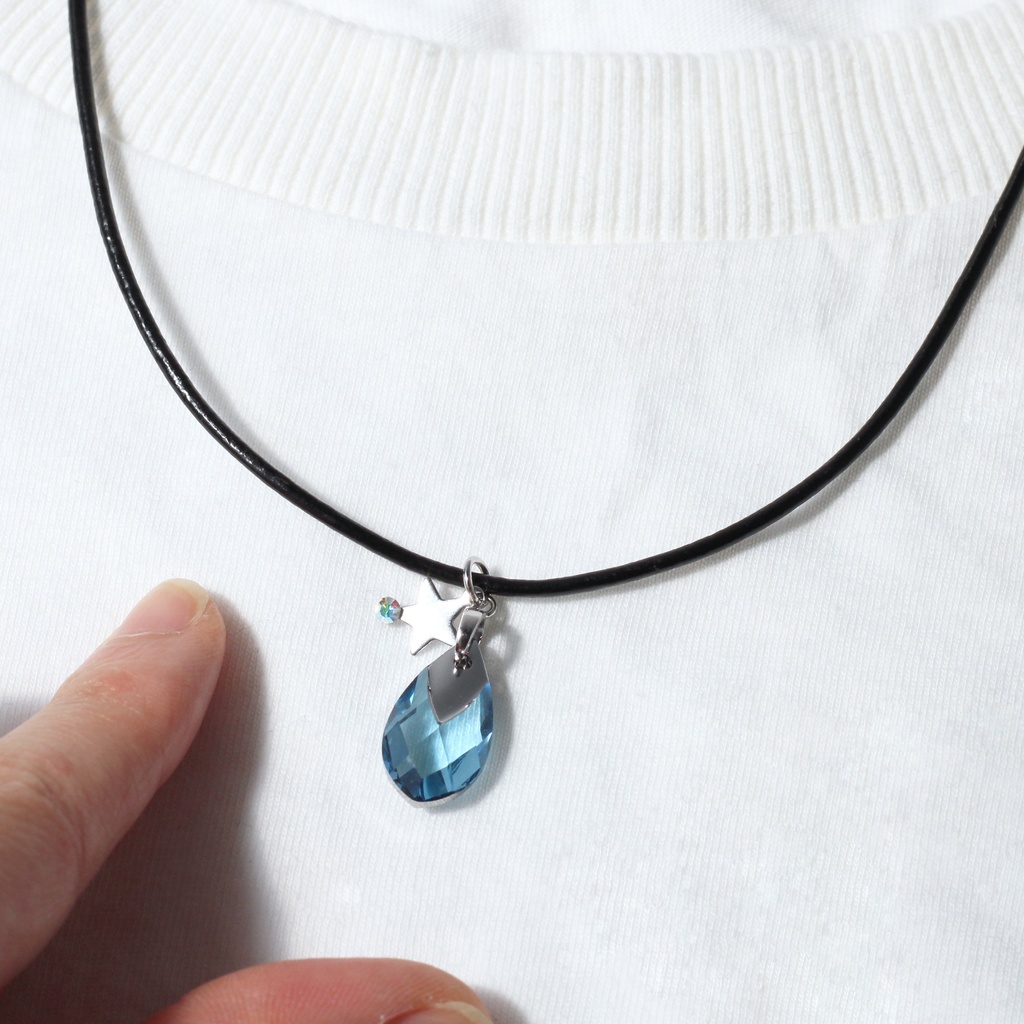 希少クリスタル☆限定2点☆星のしずくシルバーネックレス(アクアマリン)アレルギー対応 革ひも Swarovski