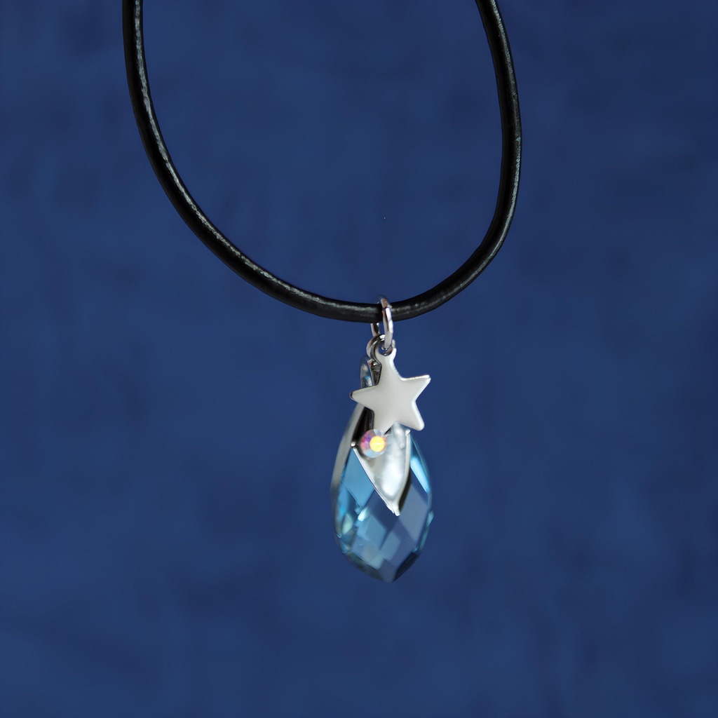 希少クリスタル☆限定2点☆星のしずくシルバーネックレス（アクアマリン）アレルギー対応 革ひも Swarovski