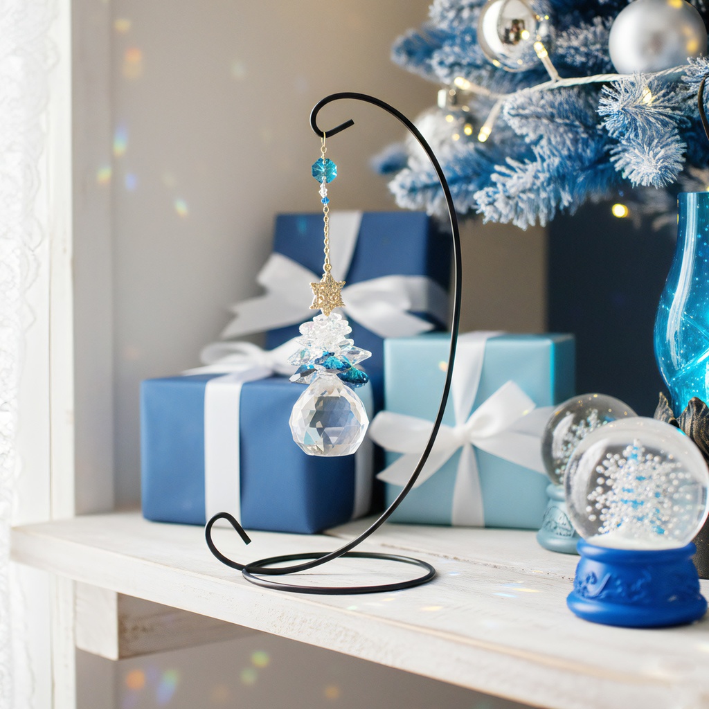 青いモミの木のサンキャッチャー(高品質クリスタル使用・受注制作)スタンド式 引越祝い クリスマス