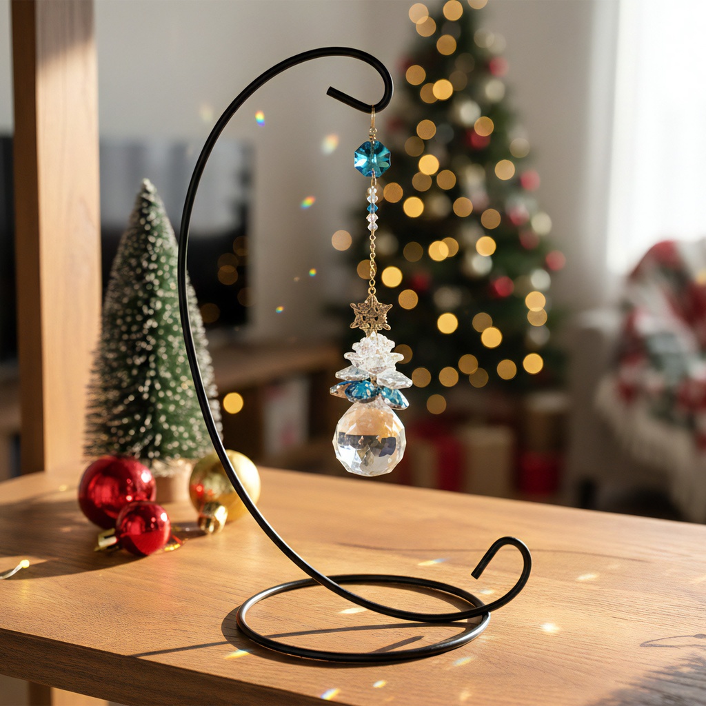 青いモミの木のサンキャッチャー(高品質クリスタル使用・受注制作)スタンド式 引越祝い クリスマス