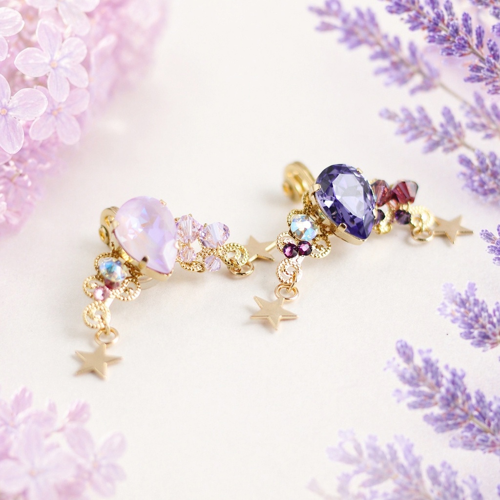 紫星花のイヤーカフ（全2色）【高級クリスタル使用】ライラック ラベンダー