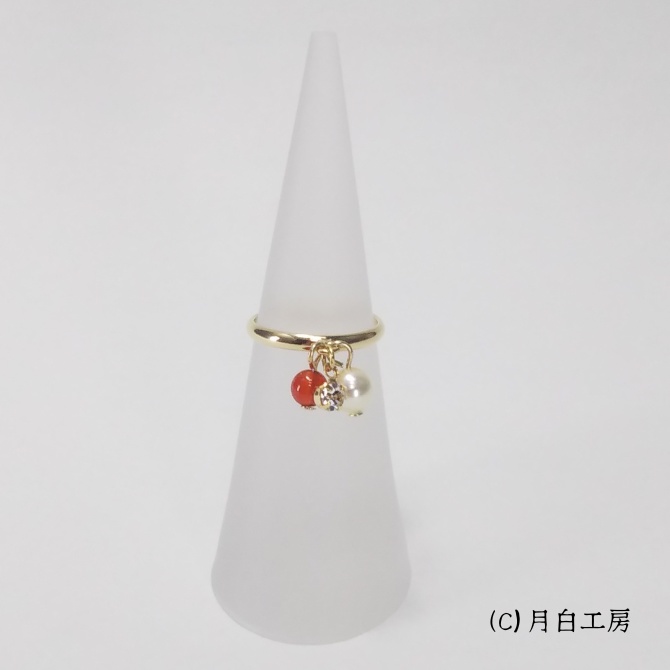 NO.9　天然石ビーズ【レッドアゲート】・クリスタルパールとラインストーンのピンキーリング　サイズ：4号/フリー