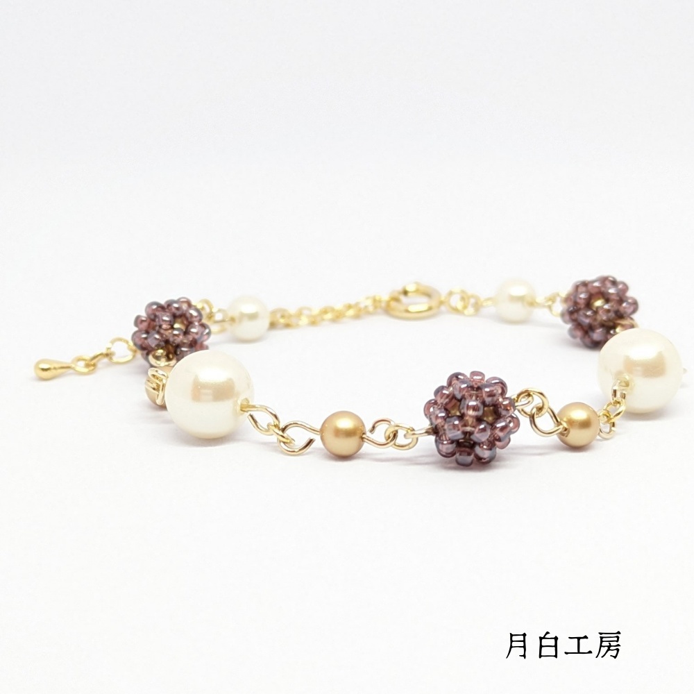 NO.54 【お試し価格】ビーズボール【アメジストスキラスター】とシルキーパール クリスタルパール ブレスレット