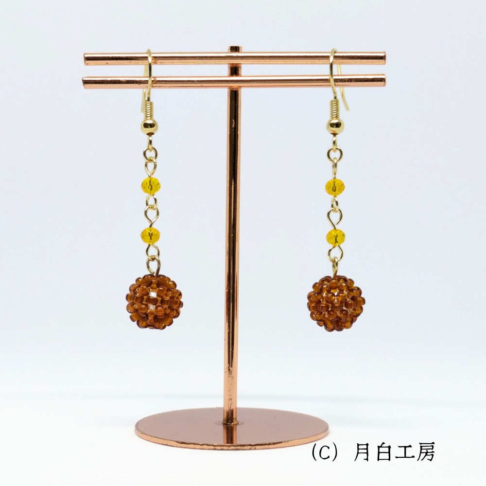 NO.56 ビーズボール ブラウン×イエロー フックピアス
