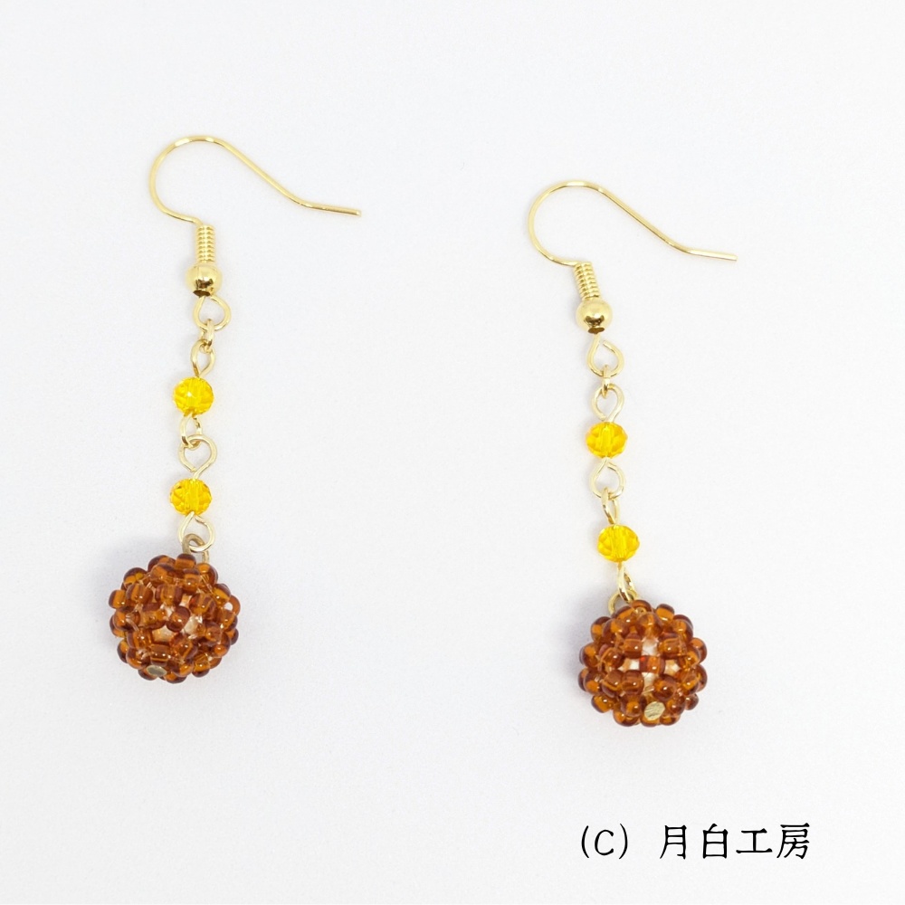 NO.56 ビーズボール ブラウン×イエロー フックピアス