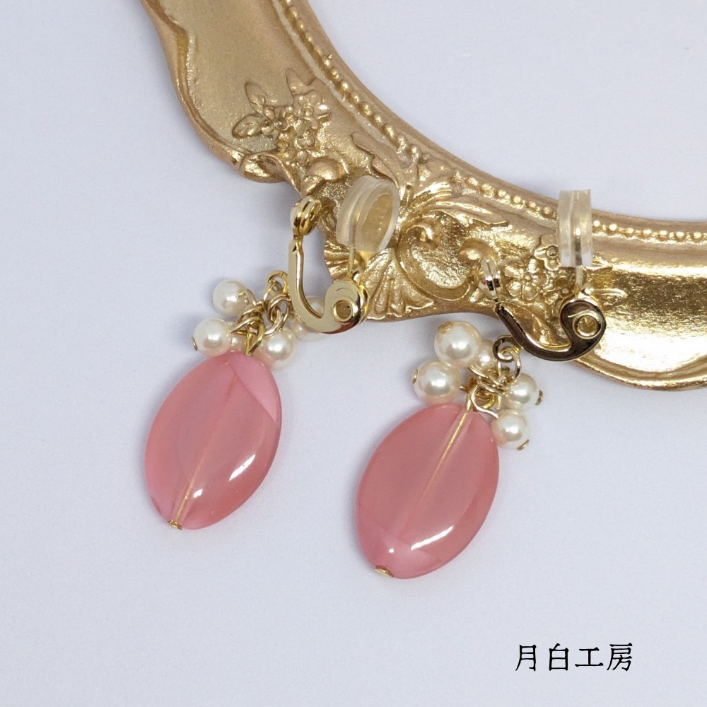 NO.74 【1点物】大人ピンク チェコビーズ【ピンク×クリアマーブル】とシルキーパール イヤリング