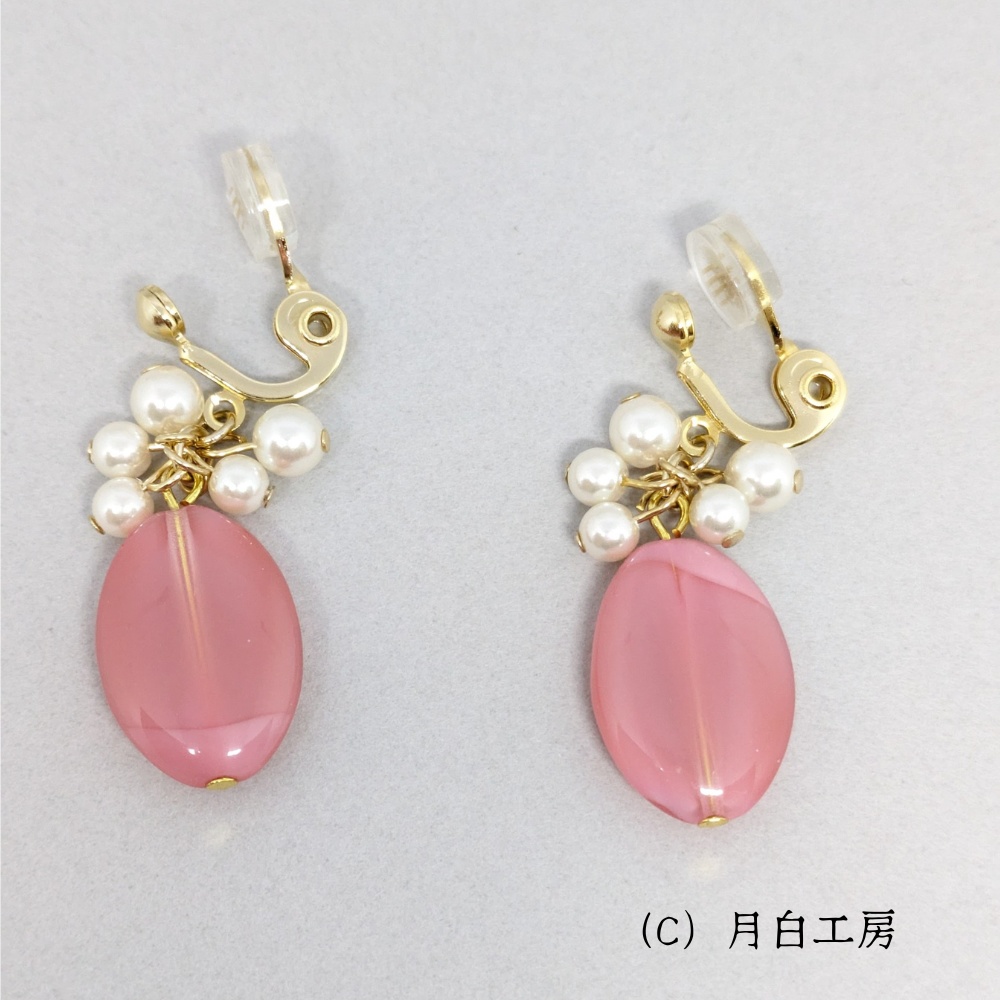 NO.74 【1点物】大人ピンク チェコビーズ【ピンク×クリアマーブル】とシルキーパール イヤリング