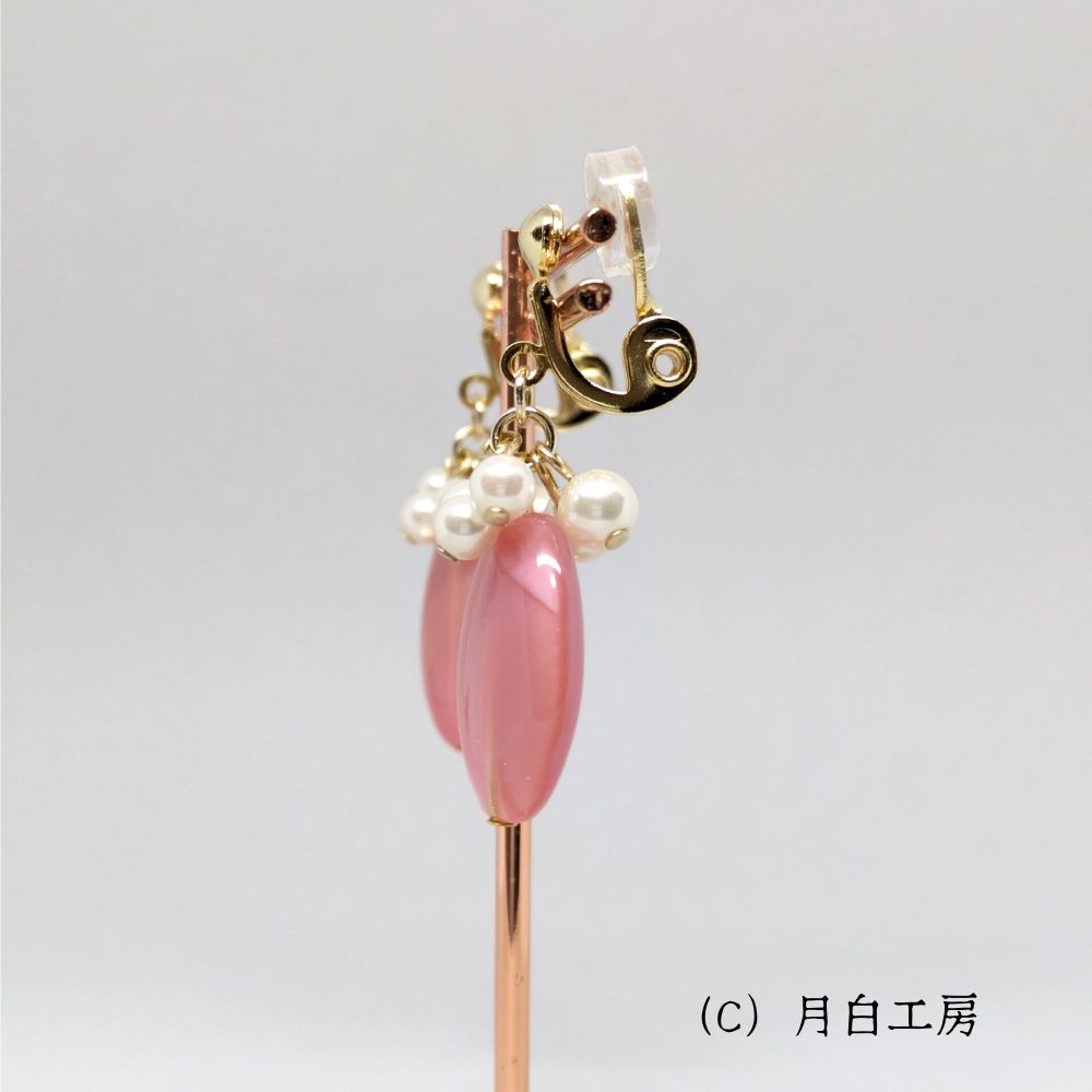 NO.74 【1点物】大人ピンク チェコビーズ【ピンク×クリアマーブル】とシルキーパール イヤリング
