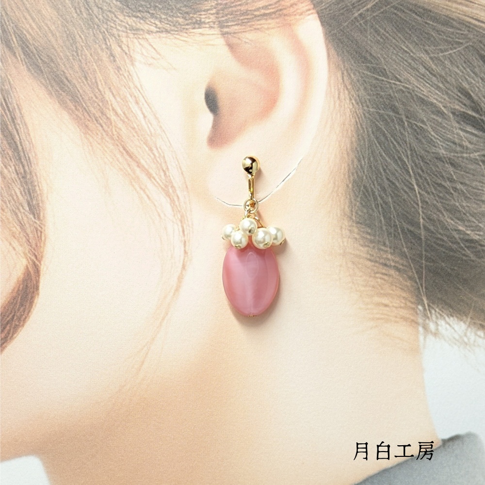 NO.74 【1点物】大人ピンク チェコビーズ【ピンク×クリアマーブル】とシルキーパール イヤリング