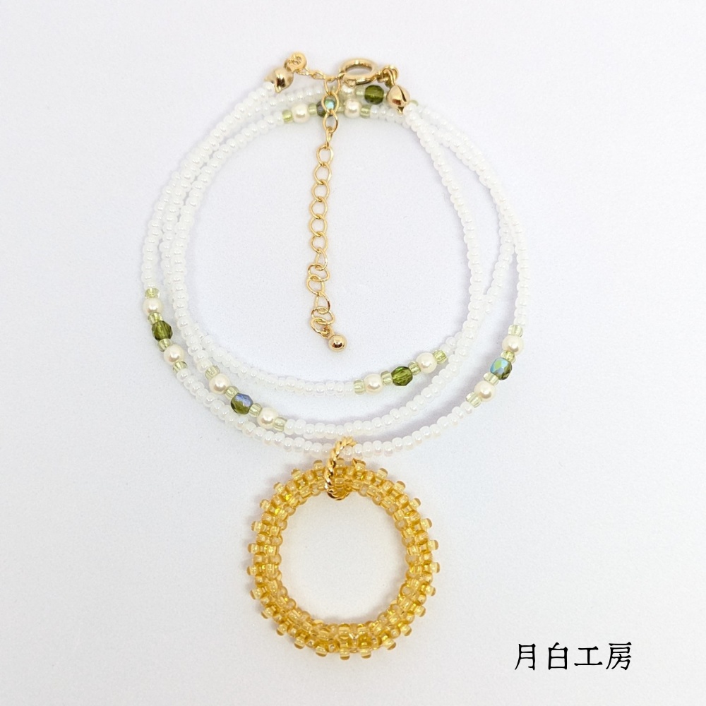 NO.113 ビーズフープのペンダントトップ付き ビーズネックレス 【ライトコロラドトパーズ】