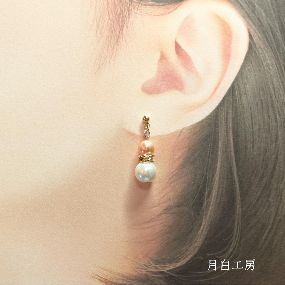NO.127 シルキーパール クリスタルパール【ローズピーチ】 メビウスボール ピアス
