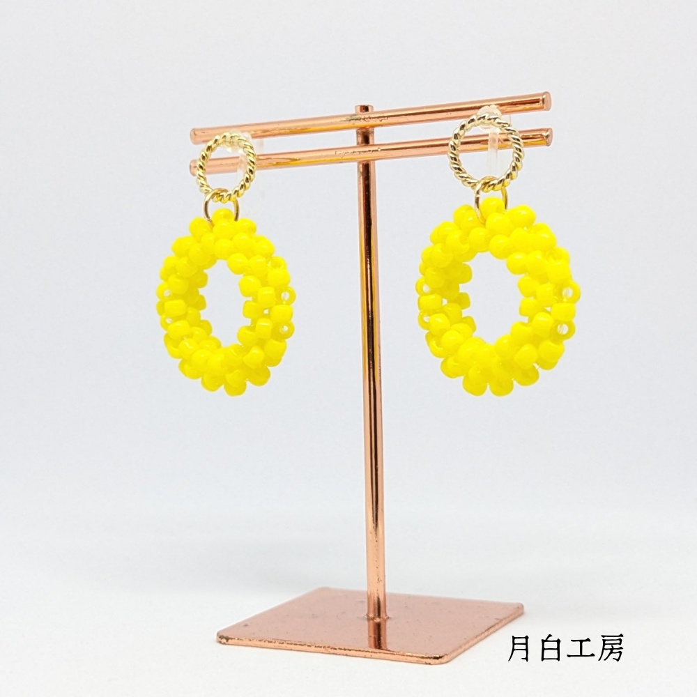 NO.134 【数量限定】ビーズフープ【イエロー】ツイストフープ 樹脂ノンホールピアス