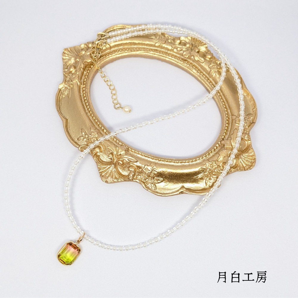 NO.145 【数量限定】ビーズネックレス【パールホワイト×クリア】ペンダントトップ イエロー×ピンク