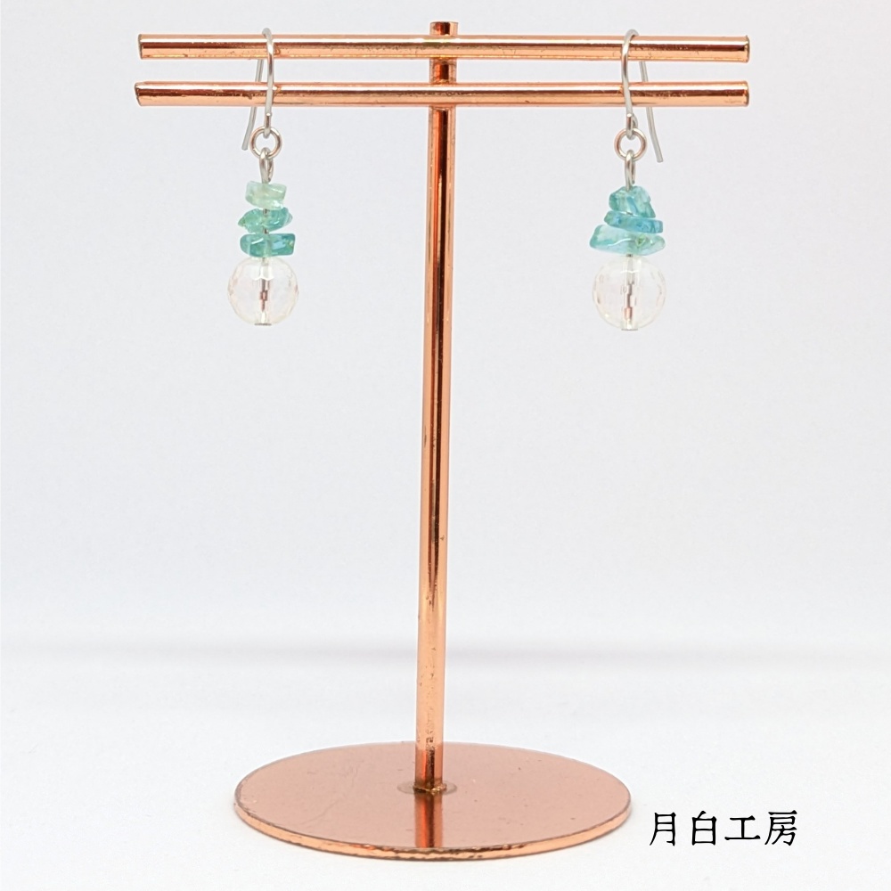 NO.149 天然石 128面カット水晶とアパタイトサザレ ピアス SUS316L(サージカルステンレス)