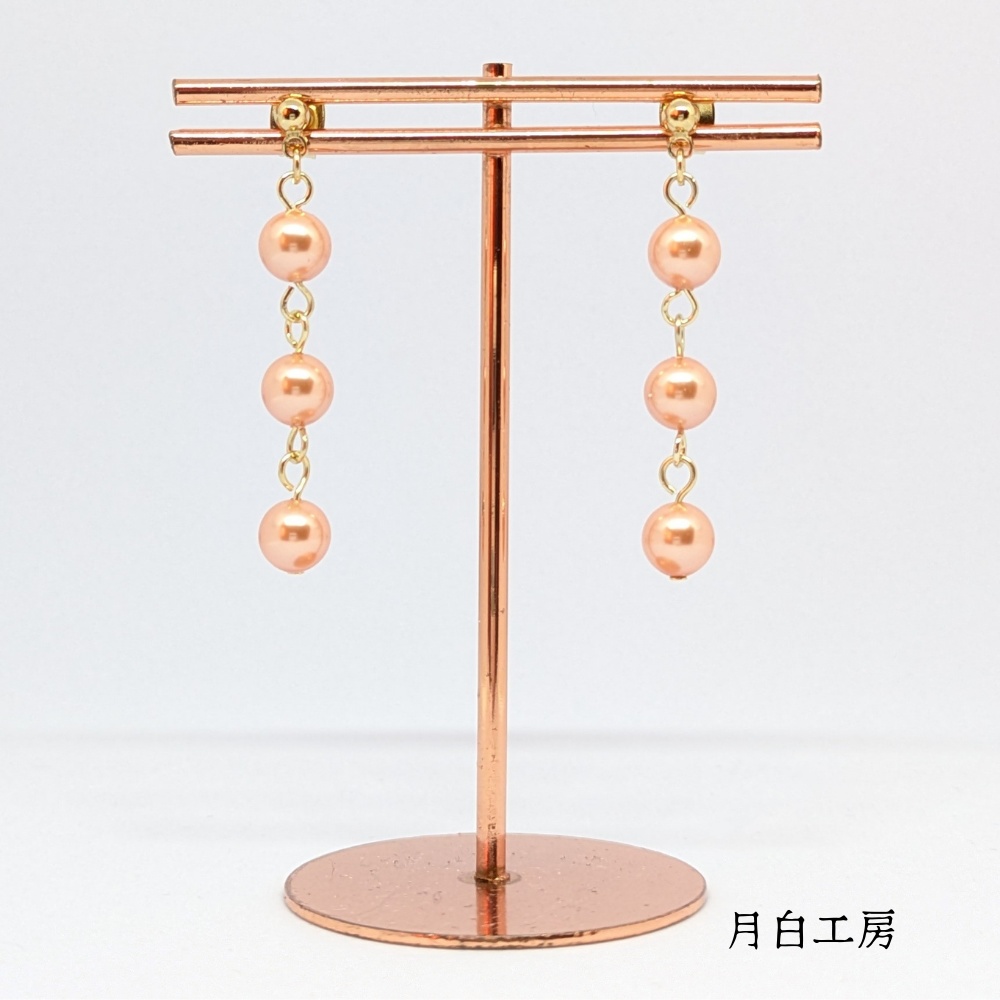 NO.152　クリスタルパール　ローズピーチ　約6mm　3連　ピアス
